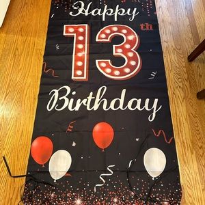 🎂❤️13th Birthday Banner 🎂❤️ huge- comes with ribbon ties- Black & Red